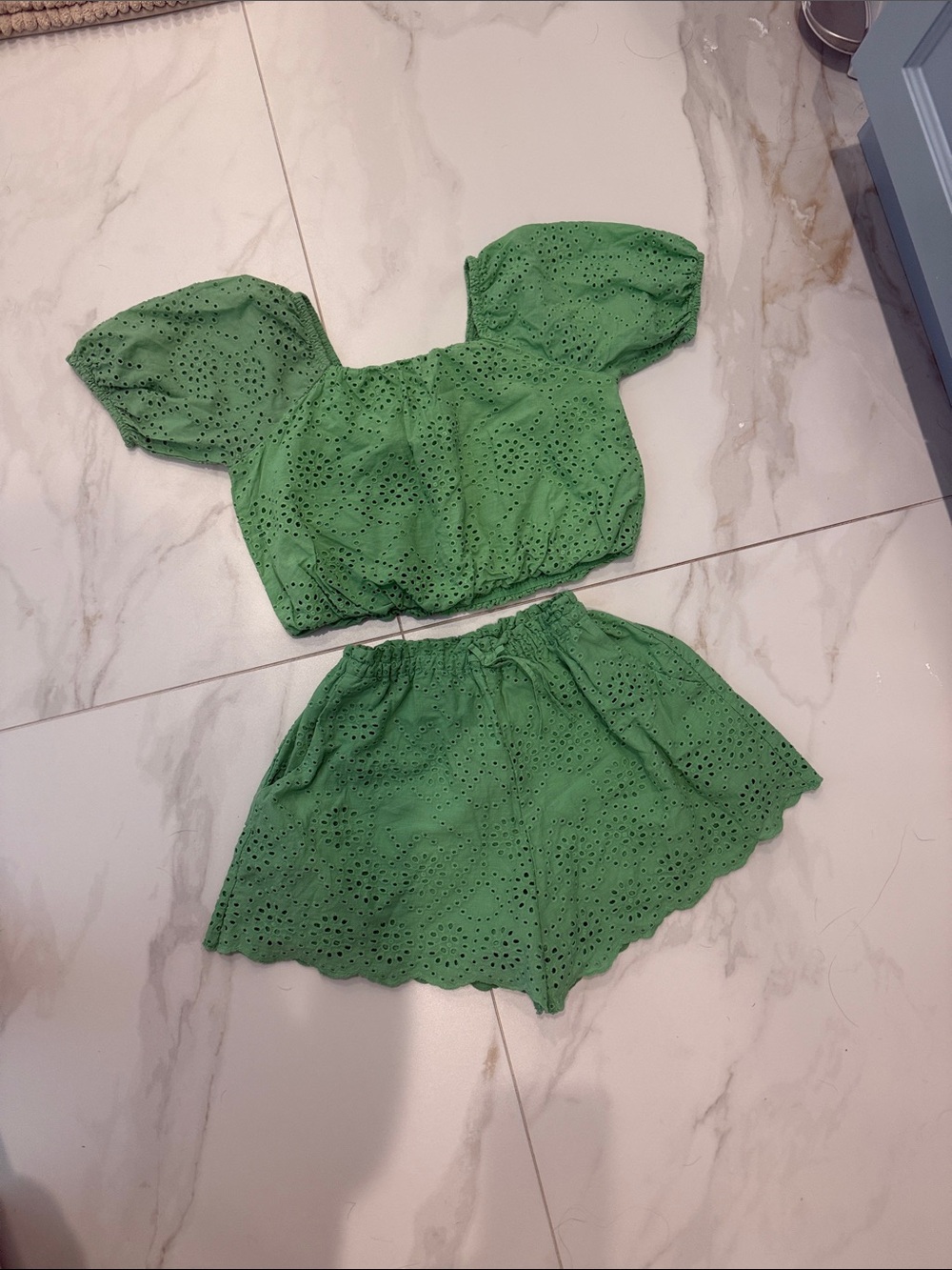 Zara Green Eyelet Puff-Sleeve Crop Top & Elastic Waist Skirt Set